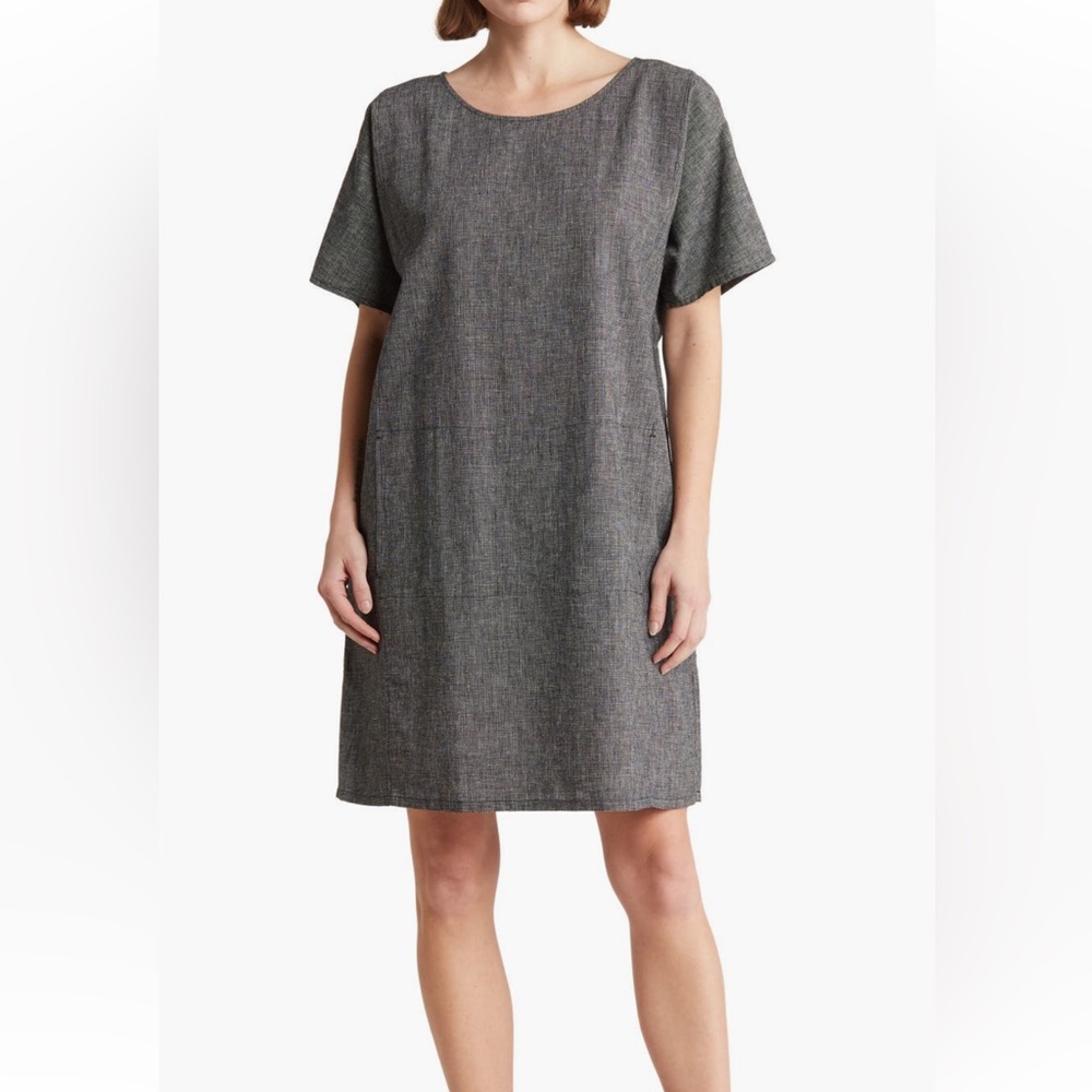 Eileen Fisher Dolman Short Sleeve Hemp Organic Cotton Dress Black/White XL